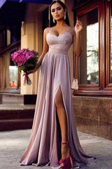 Straps Lace Slit Party Dresses Sleeveless Lavender Long Formal Chic Evening Gown-Dbrbridal