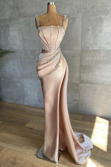 Straps Long Mermaid Prom Dress Split Ball Dresses Beadings-Dbrbridal