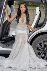 Straps V-neck Silver Beaded Mermaid Sparkle Prom Dresses-Dbrbridal