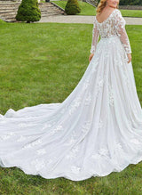 Stunning Ball-Gown Lace Long Sleeves Wedding Dresses Crystal Beading for Plus Size-Dbrbridal