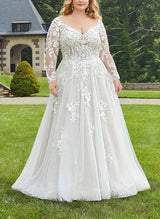 Stunning Ball-Gown Lace Long Sleeves Wedding Dresses Crystal Beading for Plus Size-Dbrbridal