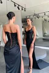 Stunning Black High-split Lace-up Sequined Prom Dress special Strapless-Dbrbridal