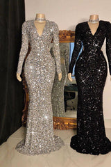 Stunning Crystal Sequins Long Sleeves V-Neck Mermaid Prom Dresses-Dbrbridal
