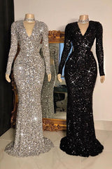 Stunning Crystal Sequins Long Sleeves V-Neck Mermaid Prom Dresses-Dbrbridal