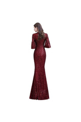 Stunning Half SleevesLong Burgundy Evening Gowns Keyhole Mermaid Formal Dresses-Dbrbridal