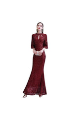 Stunning Half SleevesLong Burgundy Evening Gowns Keyhole Mermaid Formal Dresses-Dbrbridal