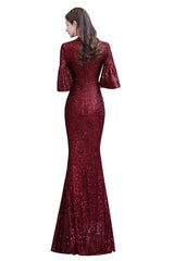 Stunning Half SleevesLong Burgundy Evening Gowns Keyhole Mermaid Formal Dresses-Dbrbridal