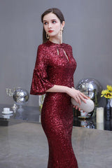 Stunning Half SleevesLong Burgundy Evening Gowns Keyhole Mermaid Formal Dresses-Dbrbridal