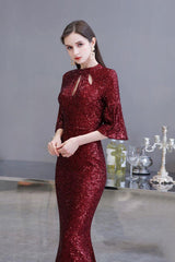 Stunning Half SleevesLong Burgundy Evening Gowns Keyhole Mermaid Formal Dresses-Dbrbridal