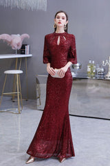 Stunning Half SleevesLong Burgundy Evening Gowns Keyhole Mermaid Formal Dresses-Dbrbridal