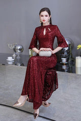 Stunning Half SleevesLong Burgundy Evening Gowns Keyhole Mermaid Formal Dresses-Dbrbridal