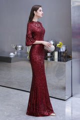 Stunning Half SleevesLong Burgundy Evening Gowns Keyhole Mermaid Formal Dresses-Dbrbridal
