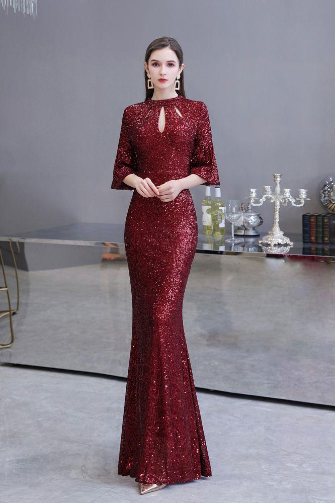 Stunning Half SleevesLong Burgundy Evening Gowns Keyhole Mermaid Formal Dresses