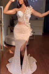 Stunning Long Mermaid Sweetheart Front Slit Prom Dress with Beaded Flowers-Dbrbridal