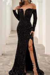 Stunning Off The Shoulder Black Prom Dress Sequined Front-Split Evening Gowns With Long Sleeves-Dbrbridal