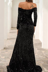 Stunning Off The Shoulder Black Prom Dress Sequined Front-Split Evening Gowns With Long Sleeves-Dbrbridal