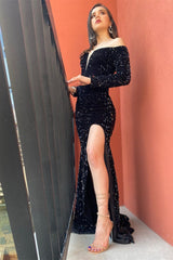 Stunning Off The Shoulder Black Prom Dress Sequined Front-Split Evening Gowns With Long Sleeves-Dbrbridal