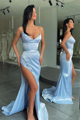 Stunning Sky blue High-split sequined Prom Dress Stapless-Dbrbridal
