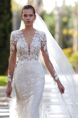 Stunning V-Neck Mermaid Appliques Long Sleeves Wedding Gown Lace Appliques-Dbrbridal