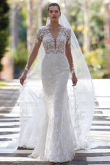 Stunning V-Neck Mermaid Appliques Long Sleeves Wedding Gown Lace Appliques-Dbrbridal
