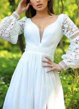 Sweep Train Chiffon Lace Wedding Dress Chic A-line V-Neck Long Sleeves-Dbrbridal