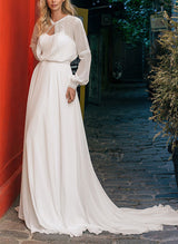 Sweep Train Chiffon Wedding Dresses Chic A-line Long Sleeves-Dbrbridal