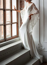 Sweep Train Mermaid Fitted Illusion Neck Lace Elastic Satin Wedding Dress Lace-Dbrbridal