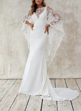 Sweep Train Mermaid Fitted Illusion Neck Lace Elastic Satin Wedding Dress Lace-Dbrbridal