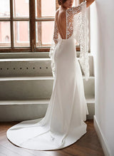Sweep Train Mermaid Fitted Illusion Neck Lace Elastic Satin Wedding Dress Lace-Dbrbridal