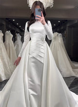 Sweep Train Satin Wedding Dresses Long Sleeves-Dbrbridal