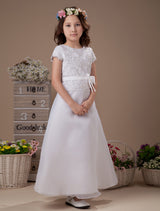 Sweet A-Line White Satin Ankle-Length First Communion Dress-Dbrbridal
