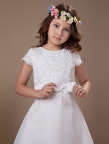 Sweet A-Line White Satin Ankle-Length First Communion Dress-Dbrbridal