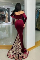 Sweetheart Long Sleeves Mermaid Prom Dress in Burgundy with Appliques-Dbrbridal