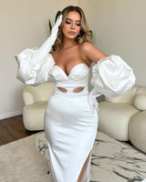 Sweetheart Long White Mermaid Split Front Popular Prom Dress With Sleeves-Dbrbridal