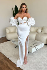 Sweetheart Long White Mermaid Split Front Popular Prom Dress With Sleeves-Dbrbridal