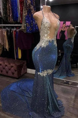 Sweetheart Mermaid Prom Dress in Royal Blue Halter Style with Appliques Beads-Dbrbridal