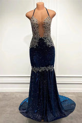 Sweetheart Mermaid Prom Dress in Royal Blue Halter Style with Appliques Beads-Dbrbridal
