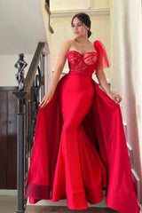 Sweetheart Mermaid Prom Dress with One Shoulder Split Long Overskirt and Appliques-Dbrbridal