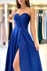Sweetheart Modest Long Royal Blue Sleeveless Evening Prom Dresseses With Split Online-Dbrbridal