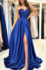 Sweetheart Modest Long Royal Blue Sleeveless Evening Prom Dresseses With Split Online-Dbrbridal