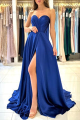 Sweetheart Modest Long Royal Blue Sleeveless Evening Prom Dresseses With Split Online-Dbrbridal