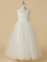 Sweetheart Neck Tulle Sleeveless Floor Length A-line Applique Kids Party Dresses-Dbrbridal