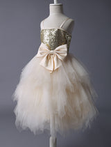 Thin Straps Gold Sequin Champagne Tulle Ruffle flower girl dress-Dbrbridal