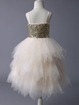 Thin Straps Gold Sequin Champagne Tulle Ruffle flower girl dress-Dbrbridal