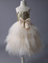 Thin Straps Gold Sequin Champagne Tulle Ruffle flower girl dress-Dbrbridal
