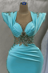 Tiffany Blue Mermaid Prom Dress with Long Sleeves and Beads Pearls-Dbrbridal