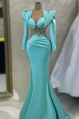 Tiffany Blue Mermaid Prom Dress with Long Sleeves and Beads Pearls-Dbrbridal