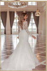 Trendy Long Sleeves V-Neck Mermaid Wedding Dresses with Chapel Train-Dbrbridal