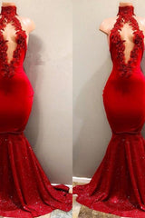 Trendy Mermaid Red Lace High-Neck Party Dresses Red Formal Dresses-Dbrbridal