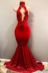 Trendy Mermaid Red Lace High-Neck Party Dresses Red Formal Dresses-Dbrbridal